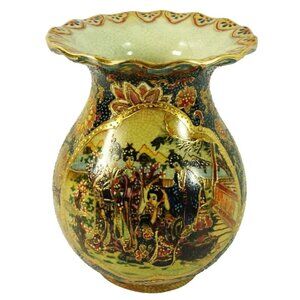 Vintage Chinese Satsuma-Style Vase Scalloped Edges Geisha Butterfly Floral